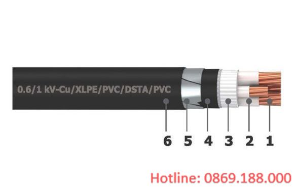 Cáp điện 5 lõi với lõi tiếp địa nhỏ hơn có giáp bảo vệ (cáp ngầm) 0.6/1kV - Cu/XLPE/PVC/DSTA/PVC