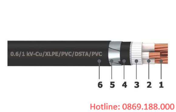 Cáp điện 4 lõi với lõi trung tính nhỏ hơn có giáp bảo vệ (cáp ngầm) 0.6/1kV - Cu/XLPE/PVC/DSTA/PVC
